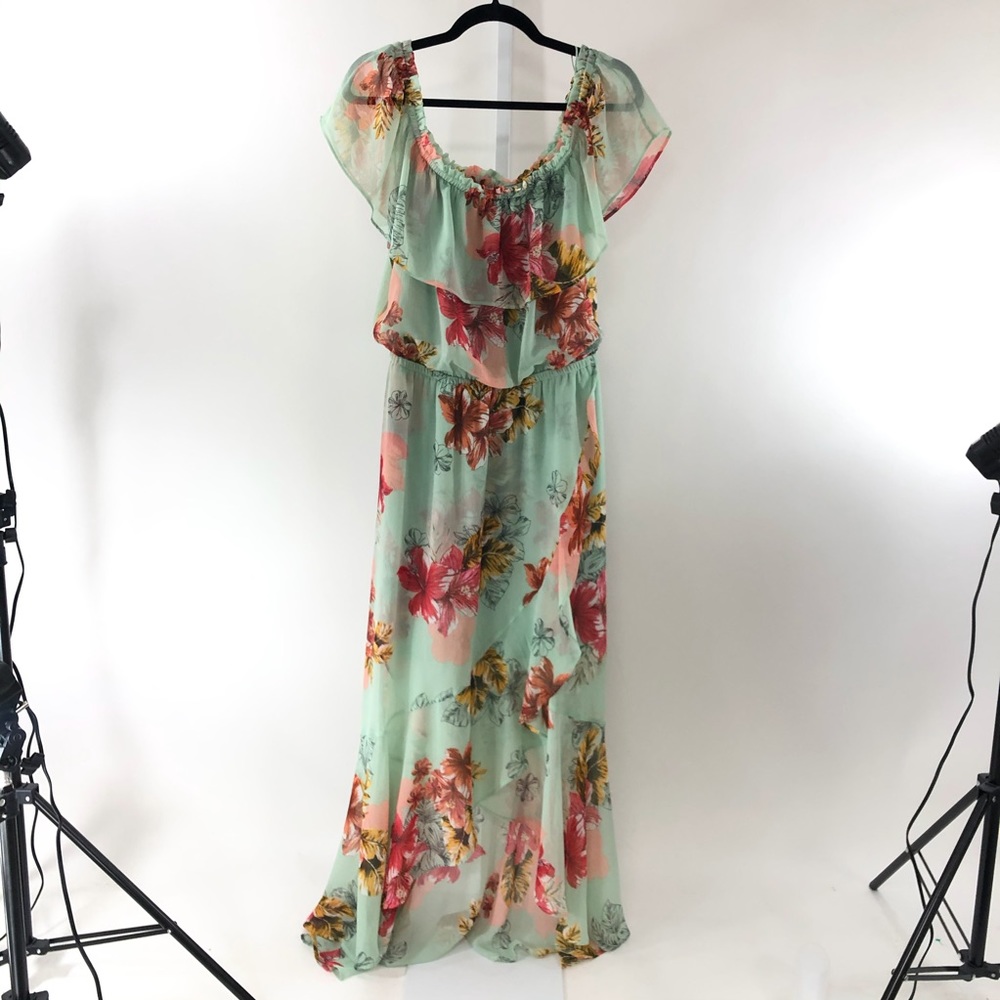 Express Spring Floral Layered Green Flowy Dress L - Picture 6 of 7